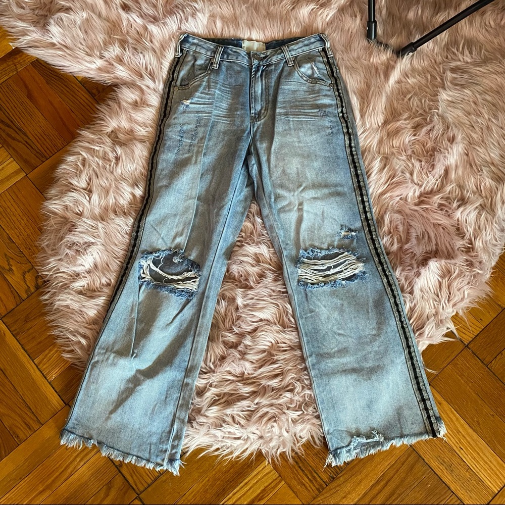 Dolls Kill One Teaspoon Flare Leg Distressed Cropped Jeans w Stripe Side Panels